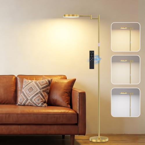 SIBRILLE LED Floor Lamp, 18W Bright Standing Lamp with Remote Control, Adjustable Height, 350°Swing Arms, Modern Dimmable Coner Floor lamp for Reading, Sewing and Crafts, Gold