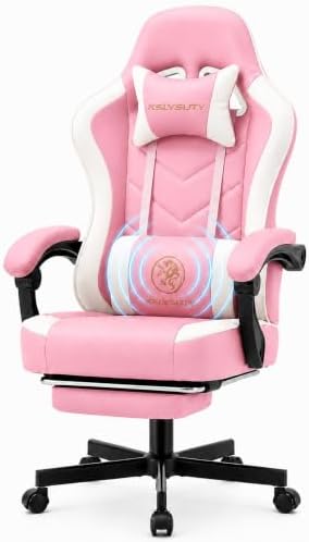 Office Desk Computer Gaming Chair for Adults, Ergonomic High Back Gamer Chair with Massage and Pocket Spring Cushion, Swivel Comfy Video Game Chairs with Footrest and Lumbar Support (Pink White)