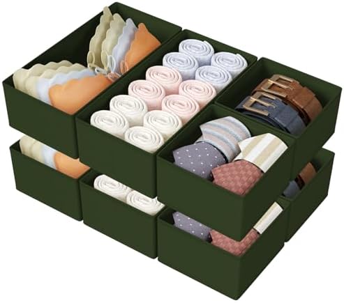 DIMJ Drawer Organizers Clothes, Set of 8 Dresser Organizer Bins, Fabric Closet Organizers and Storage, Shallow Drawer Dividers for Nursery, Clothing, Baby Clothes, Socks, Underwears, Tie (Green)