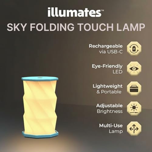 Origami Expanding Foldable LED Desk Lamp – USB Rechargeable & Portable - Dimmable Touch Control Light with Adjustable Height up to 5 1/2 for Office, Travel, Bedside - Sleek & Modern Design (Sky)
