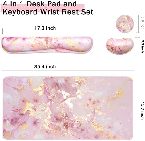 4-in-1 Large Gaming Mouse Pad, Keyboard Wrist Rest Pad & Wrist Support Mousepad Set, Extended Desk Pad Waterproof Desk Mat for Home Office Study Game-Pink Gold Marble