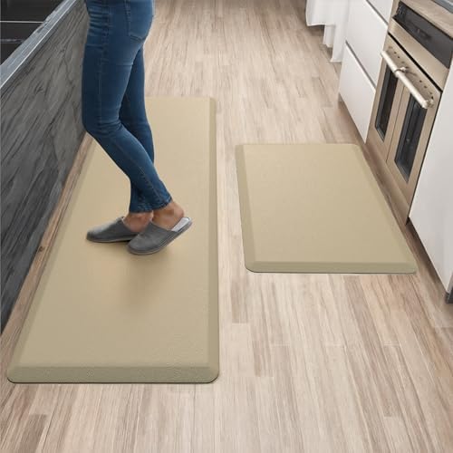 Anti Fatigue Kitchen Mats for Floor | Padded Kitchen Rugs | Non Slip, Cushioned Standing Desk Mat | Waterproof Floor Mat | 17.3" x 28" x 0.47" & 17.3" x 59" x 0.47", Beige, 2-Pack | More Décor