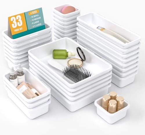 33 PCS Drawer Organizer Set, 4 Size Makeup Drawer Divider Organizer With Non-Slip Pads, Interlocking Plastic Storage Bins for Office,Jewelry Vanity,Gadgets, Bathroom,Kitchen, White