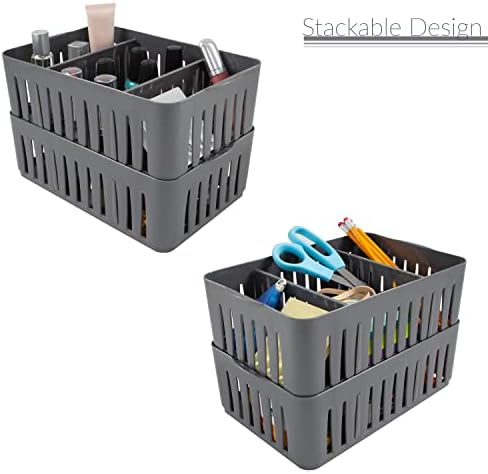 Simplify 3 Compartment Stackable Bin with Adjustable Dividers | Drawer Organizer | Storage Basket | Good for Office | Desk Supplies | Dorm | Bathroom | Accessories | Make Up | Grey