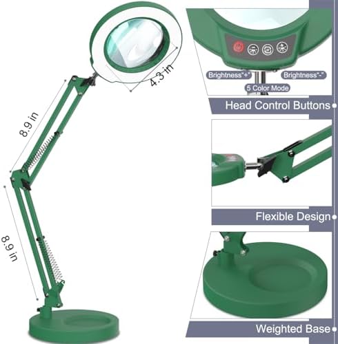 12X Magnifying Glass with Light and Stand, Upgrade Button 5 Color Modes Stepless Dimmable, 2-in-1 LED Lighted Magnifier Light, Hands Free Desk Lamp with Clamp for Craft Hobby Close Work - Green
