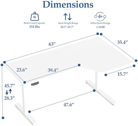 Klicelor L Shaped Standing Desk 63 x 35.4 Inch, Electric Height Adjustable Corner Desk for Home Office Workstation, Ergonomic Sit Stand Computer Table with Memory Controller, White