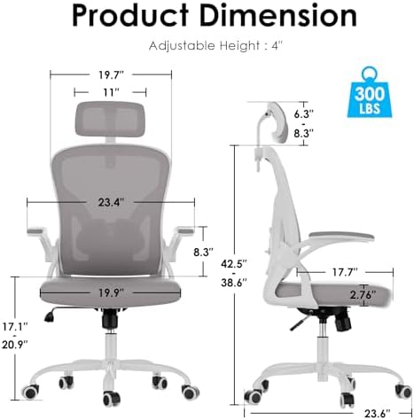 Farini Ergonomic Office Chairs with Headrest, Set of 4, White & Grey