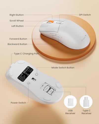 ProtoArc EM15 USB C Mouse, Tri-Mode Bluetooth Mice for Laptop, White