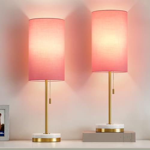 Luvkczc Minimalist Table Lamp Set of 2, Nightstand Lamp for Bedroom Living Room, Modern Pull Chain Bedside Lamp with Marble Base, Fabric Shade, Small Desk Lamp for Home, Office, Reading,Pink
