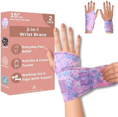 Carpal Tunnel Wrist Brace Left Hand, Right Hand for Women, Day or Night Compression Wrist Support Brace for Fitness, Keyboard Use, or Overnight Support, 2 Pack, Purple Tie Dye Print