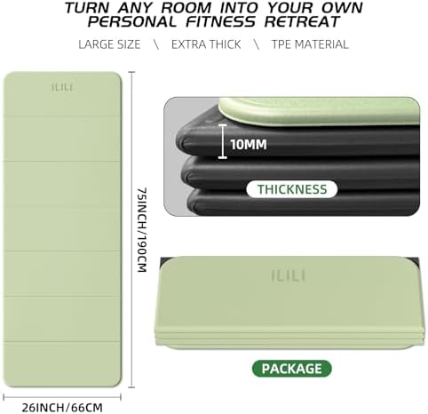 ILILI Foldable Yoga Mat 10mm, Extra Thick, Extra Long, 75x26x0.4 Inch, TPE