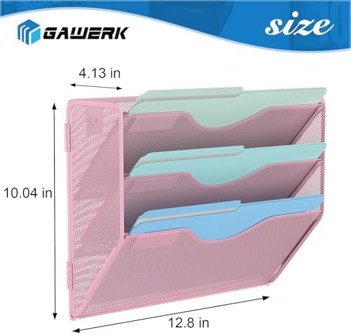 Gawerk 3 Tier Hanging Wall File Organizer, Mesh Mail Paper Orgnization Hanging File Folder Holder for Home Office, Pink