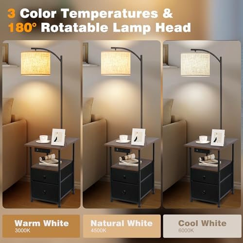 PESRAE Floor Lamp with Table & 2 Drawers, End Table with Lamp, Rustic Brown