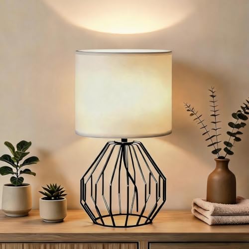 Small Table Lamp Black, Modern Minimalist Desk Lamp with Metal Base White Fabric Shade, Bedside Nightsand Table Lamp for Bedroom, Living Room, Kids Room