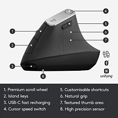 logitech MX Vertical Advanced Ergonomic Mouse, Wireless via Bluetooth or Included USB Receiver (Renewed)