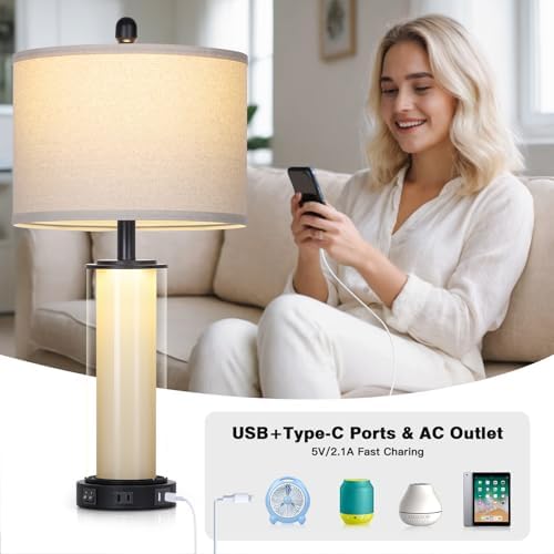 Black Glass Table Lamps Set of 2, 26" Living Room Lamp with Built-in Frosted Glass Night Light, Modern Bedroom Lamp with USB C+A Ports & AC Outlet, Bedside Lamps for Nightstand (4 Bulbs Included)