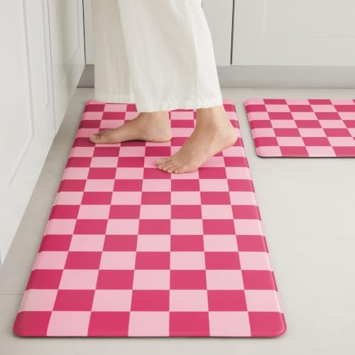 Ohocut Pink Coral Checkered Kitchen Mats for Floor Set of 2, 2 Pcs Cushioned Non Slip Runner Rugs for Kitchen/Sink/Laundry, Comfort Aesthetic Cute Anti-Fatigue Foam Floor Mat 17.3"x29.5"+17.3"x47.2"