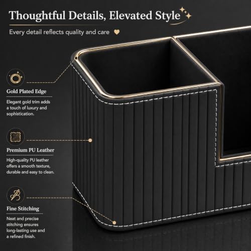 KINGFOM Luxury Black PU Leather Desk Organizer with Gold Trim, Premium Pen Holder for Desk Accessories, Modern Office Supplies Organizer for Home Office Desk Decor