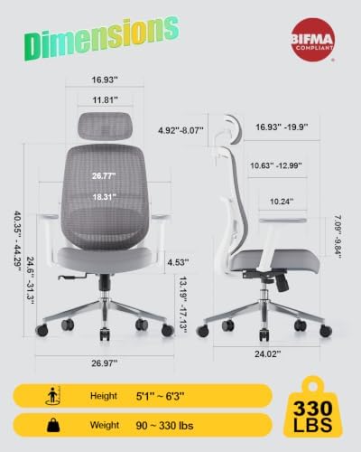 Ergonomic Office Chair, Quelsoft Home Office Desk Chairs, Adjustable Lumbar Support, Ultimate Back Support Desk Chair, Comfortable Computer Chair & Gaming Chair for Office & Home, White