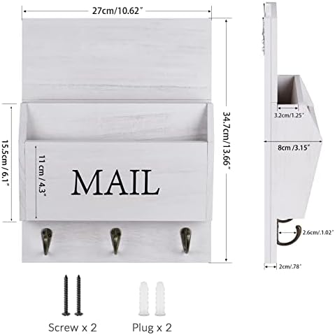 DLQuarts Solid Wood Mail Organizer with Key Holder for Wall, Mail Sorter Wall Mounted, Decorative Wooden Key and Mail Holder with 3 Hooks, Soft White