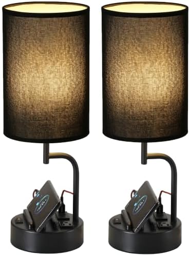 Dreamholder Table Lamp with 3 USB Charging Ports, Modern Desk Lamp with AC Outlet and Phone Stands, Perfect Bedside Lamp for Bedroom, Living Room, Office (Pack of 2), Black