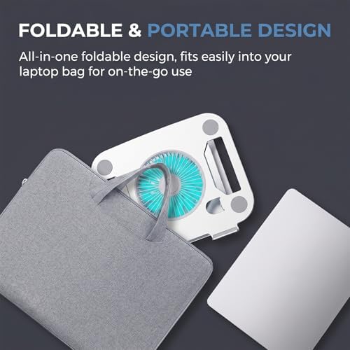 Adjustable Laptop Cooling Stand, 3-Speed Fan with RGB, 360° Rotating Base, Carbon Steel Foldable Laptop Riser, Ergonomic Height & Angle Adjustable Cooling Pad for Laptops & Tablets Up to 16” (Silver)
