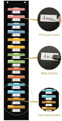 ANCOMEDO 14 Pocket Hanging File Organizer with 14 Nametag Pockets. Black File Storage Pocket Chart for Classroom or Office Use. Perfectly Organizes Assignments, Files, Scrapbooks, and Documents.
