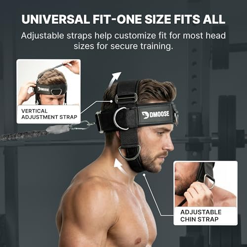 DMoose Fitness Neck Harness for Weight Lifting - Soft Padded Head & Chin Strap with 30" Heavy Duty Steel Chain - Neck Exerciser, Trainer & Strengthener to Support Injury Recovery and Intense Workouts