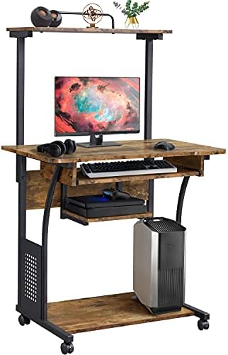 Topeakmart 2-Tier Rolling Desk with Printer Shelf & Keyboard Tray, Rustic Brown