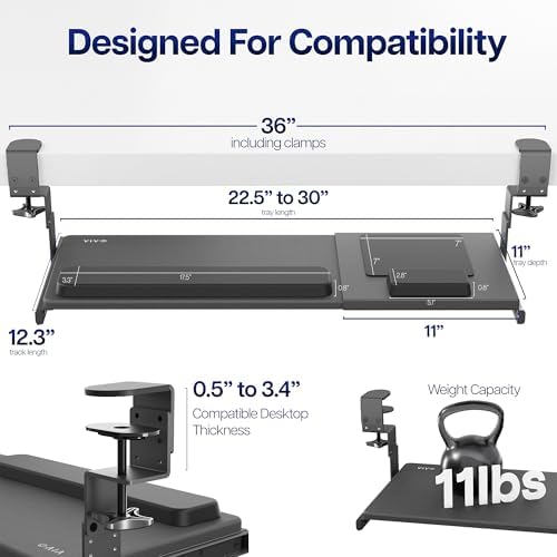 VIVO Black Clamp-on 23” to 30” x 11" Adjustable Keyboard Tray, Mount-KBST1