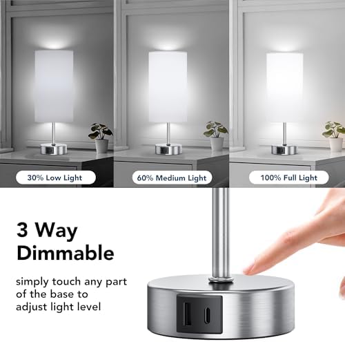 ROTTOGOON 12.8" Touch Control Table Lamp, 3-Way Dimmable Small Bedside Nightstand Lamp with 2 USB Ports, Modern Table Lamps with 6500K Daylight LED Bulb for Bedroom Living Room