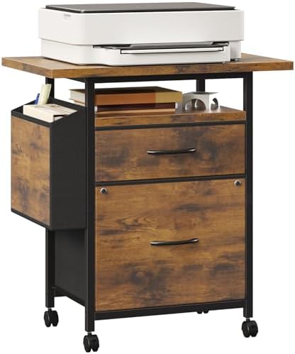 Simple Deluxe 2 Drawer File Cabinet with 24" Extended Desktop, Mobile Filing Cabinet, Rolling File Cabinet with Side Bag, Fabric Drawer, Fits A4/Letter Size, Printer Stand Home Office, Brown