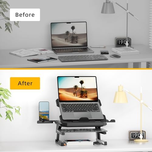 OImaster Laptop Stand for Desk, Phone Stand, Extended Laptops Riser, Elevator, 3 Height Adjustable, Rotatable Base, 10-17 Inches