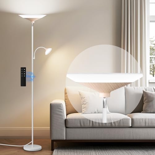 SIBRILLE Torchiere Floor Lamp with Wood Grain Shade, 72" Dimmable LED Standing Lamp with Remote, 2-in-1 Floor Reading Lamp with Color Changing, 34W White Corner Lamp for Living Room Bedroom Office