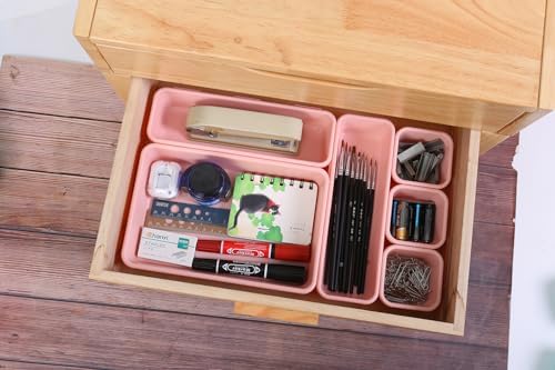 Kutesna 15 PCS Interlocking Desk Drawer Organizer Separator for Office,Bathroom,Kitchen,Makeup（Pink）