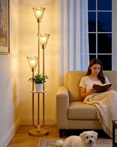 3-Light Modern Glass Floor Lamp with Shelf, Gold Tall Standing Lamp with Amber Flower Glass Shade, LED Floor Lamp with Foot Switch& 5Lbs Heavy Base for Living Room Bedroom, Bulb Included