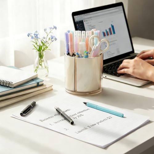 Comix 360° Rotating Pen Holder for Desk, Beige Pencil Holder with 5 Slots