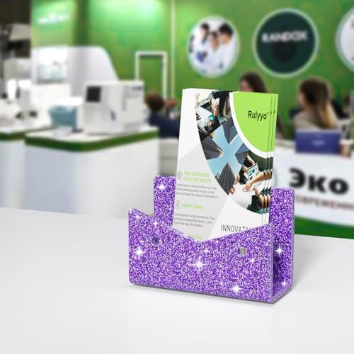 Mail Organizer Envelope Holder - Glitter Purple Acrylic Mail Holder Countertop Vertical Desk Organizer Small File Bill Document Notebook Letter Sorter for Home School Office Supplies