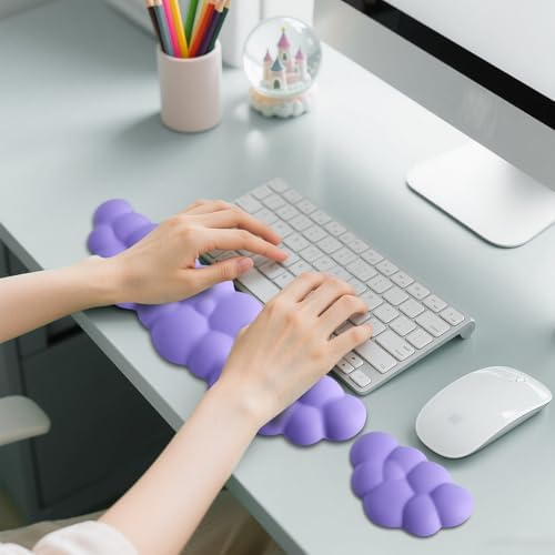 Keyboard Wrist Rest Mouse Wrist Support Set, Cloud Keybroad Wrist Rest Pad with Non-Slip PU Base, Memory Foam Wrist Rest for Pain Relief Computer Laptop Gaming Home Office, Purple