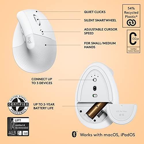 Logitech MX Keys Mini Keyboard for Mac and Lift Vertical Ergonomic Mouse for Mac Combo - Wireless, Bluetooth, Backlit Keys, Quiet, macOS/iPadOS/MacBook/iMac/iPad - Pale Grey