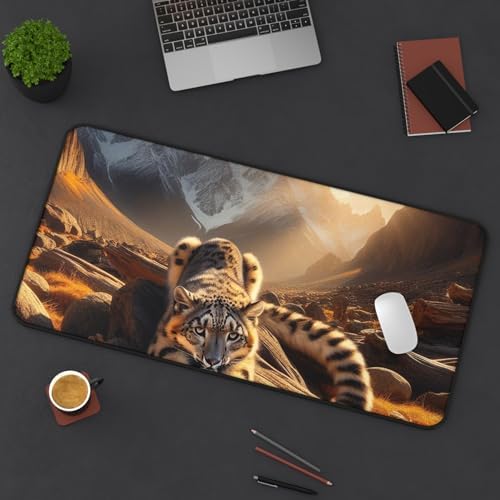 Snow Leopard Stretching on Sunlit Golden Rocks Desk Mat - Vibrant Colors Rubber Base Smooth Surface