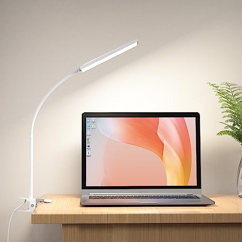 RAOYI LED Desk Lamp, 5W USB Clip on Light Eye-Caring Reading Clamp Table Lamp with 48 LEDs Flexible Neck, 3 Color Modes and 14 Brightness Levels for Office Bedroom Study (White)