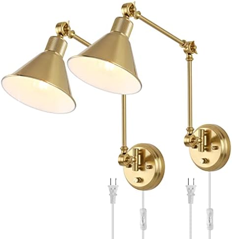 TRLIFE Wall Sconces Plug in, Dimmable Wall Sconces Brushed Brass Swing Arm Wall Lights Plug in Wall Mounted Light Industrial Wall Lights with 6FT Plug in Cord, E26 Base, UL Listed(Two Arms, 2 Pack)