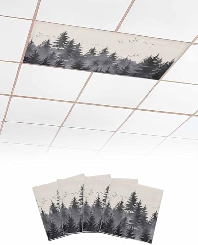 Forest Birds Magnetic Fluorescent Light Covers for Ceiling Lights 2 x 4 Feet,Vintage Pine Tree Animal Landscape Beige Office Classroom Kitchen Drop Ceiling Light Covers Filters Shade Panel 4 Packs