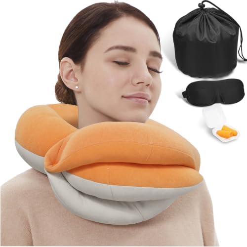 BUYUE Travel Neck Pillows for Airplanes, Memory Foam 360° Head Support Sleep for Long Flight, Skin-Friendly & Breathable, Kit with Eye Mask, Earplugs and Storage Bag (Adult, Orange, 90+ lbs)