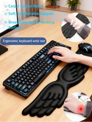 inbesk Angel Wing Wrist Rest Ergonomic Memory Foam Wrist Rest for Computer Keyboard Mouse Set, Cute Gaming Keyboard Cushion Hand Support PU Leather Surface Anti-Slip Waterproof Dirt Resistant (Black)