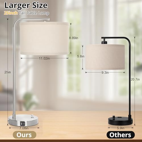 25" Tall Modern Bedside Lamp with USB C+A Ports, Fully Dimmable Table Lamp