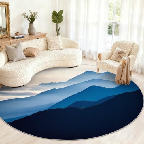 Mountain Round Rug - 8ft Washable Misty Mountain Round Area Rug for Living Room, Natural Landscape Circle Rugs Soft Non-Slip Carpet for Bedroom Dining Table Coffee Table Decor Mat