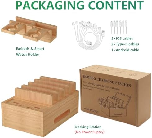 Bamboo Charging Station for Multiple Devices, Desktop Organizer Docking Station, Natural Bamboo Desk Storage Stand for Phone, Tablet, Earbuds, Smart Watch (Power Adapter Not Included)