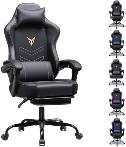 GTPLAYER Gaming Chair, Office Chair High Back Computer Chair with Foot Rest for Adults, Leather Desk Chair Executive Ergonomic Height Adjustable with Headrest and Lumbar Support, 300lbs Light Black